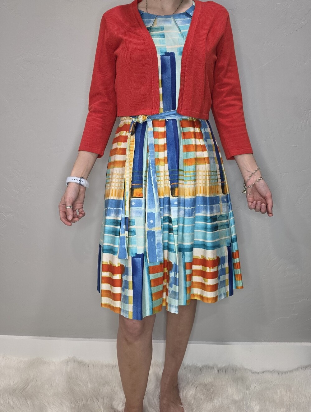 Leslie Fay Red Cardigan over Blue & Multicolor Striped Midi Dress